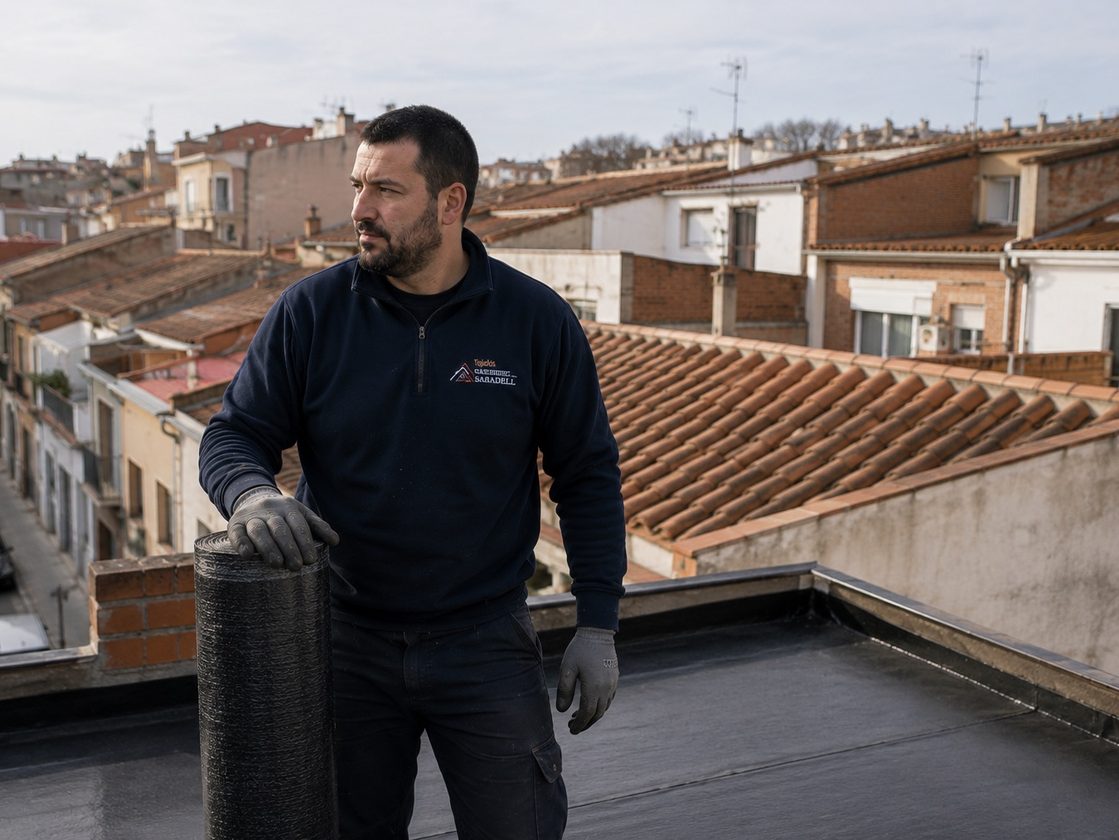 Equipo de Tejados Sabadell trabajando en tejado de casa inglesa